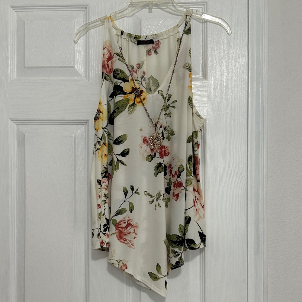 First Love Floral Asymmetrical Blouse - Cream and Multicolor with necklace